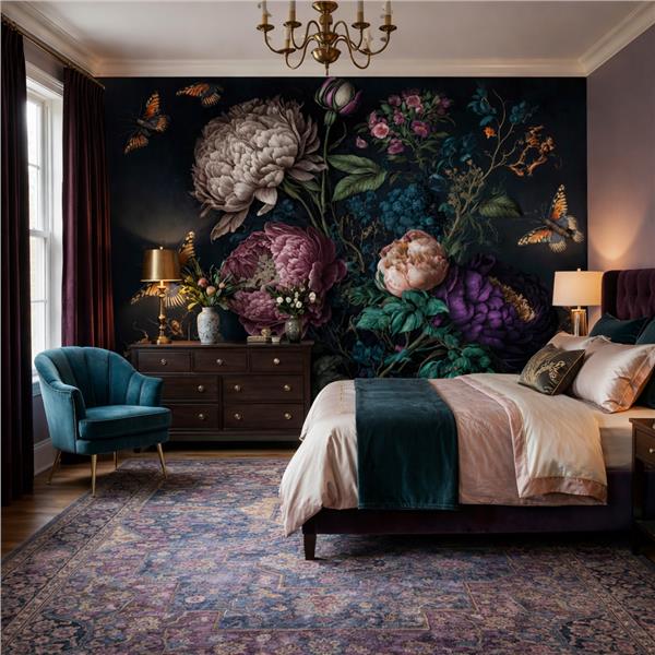 Siyah Zemin Büyük Çiçek Desen Duvar Kağıdı